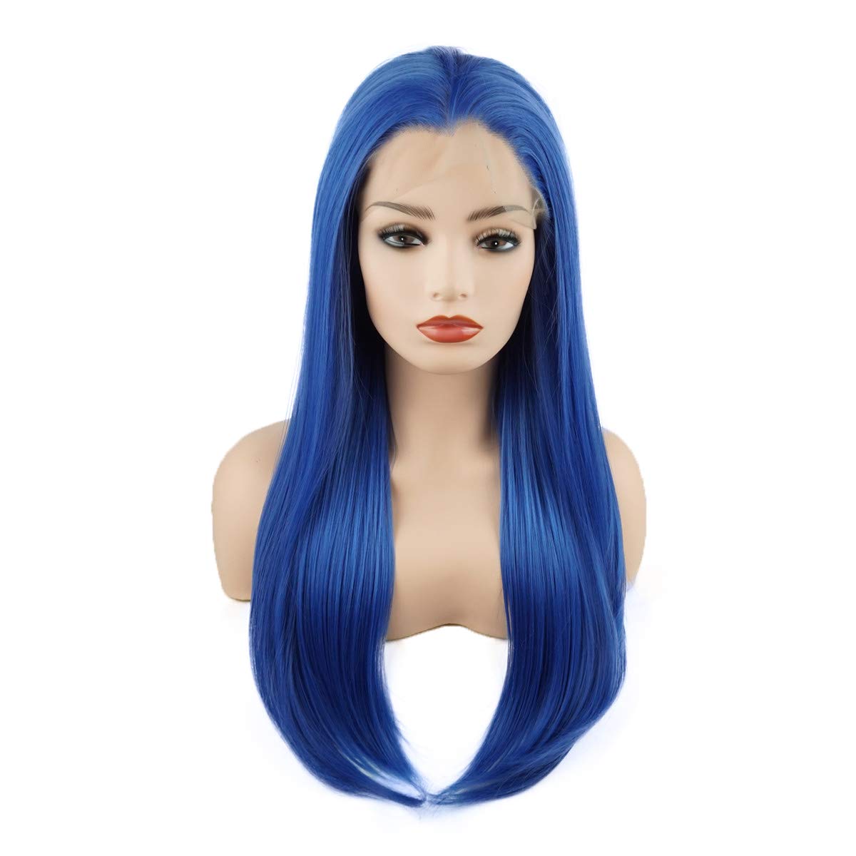 Hair Straight Long 24inch Blue Half Hand Tied Realistic Synthetic Lace Front Wigs