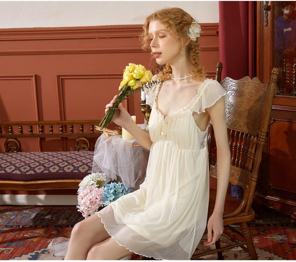 Women's Lace Vintage Victorian Nightgown Sleeveless Sleepwear Bbaydoll Chemises Nightdress Loungewear
