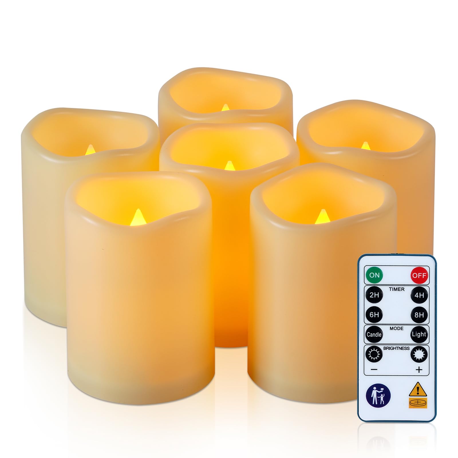 Homemory Outdoor Waterproof Battery Candles with Timer and Remote Control, Fake Electric Pillar Candle Battery Operated LED Flameless Candles Flickering, Ivory, Won't Melt, Set of 6, 3" x 4"