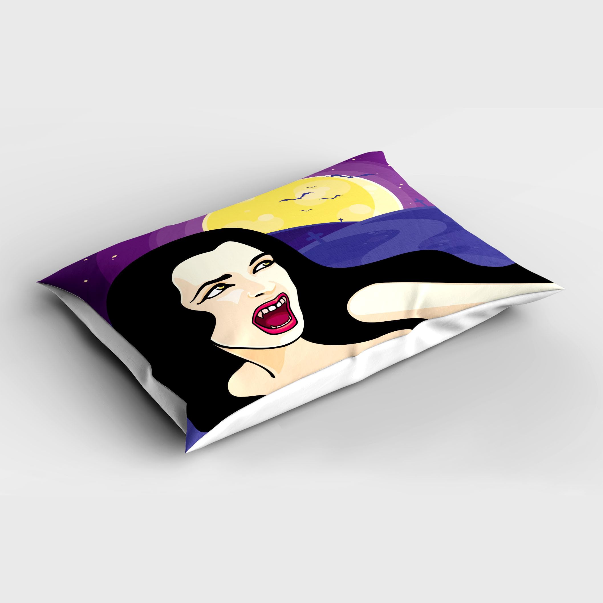 Ambesonne Halloween Pillow Sham Set of 2, Vampire Girl on a Cemetery Background Night with Moon and Bats, Quality Microfiber Bedding Item for All Seasons, 36