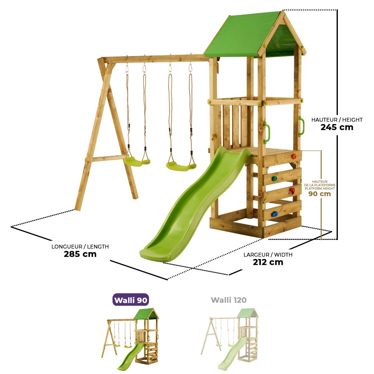 Kangui - Aire de Jeux Bois Enfant WALLI 90 - Toboggan, balançoires, Escalade et cabane
