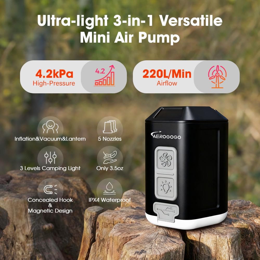 Aerogogo GIGA Pump 4 Mini Luftpumpe 4.2kPa mit Camping Laterne Tragbare Luftpumpe, Wiederaufladbare Luftpumpe Kann Deflation, Reise Inflator für Luftbett Matratze, Schwimmringe, Vakuumbeutel