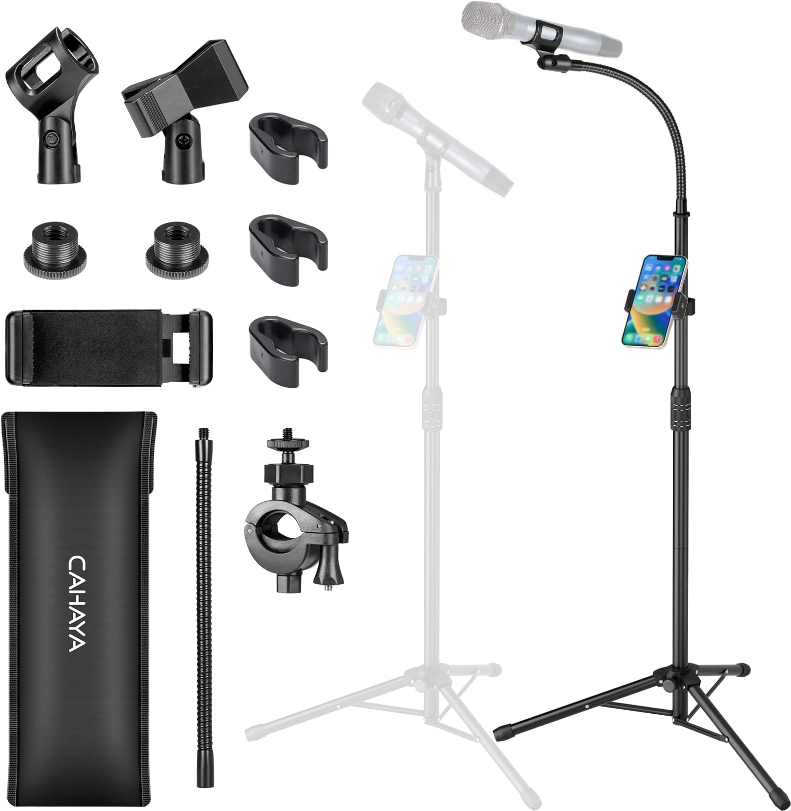 Dual-use Tripod Microphone Stand with Phone Holder Gooseneck Floor Mic Stand Portable with Carrying Bag and 2 Mic Clips for Singing Performance Wedding Stage Meeting Live CY0312