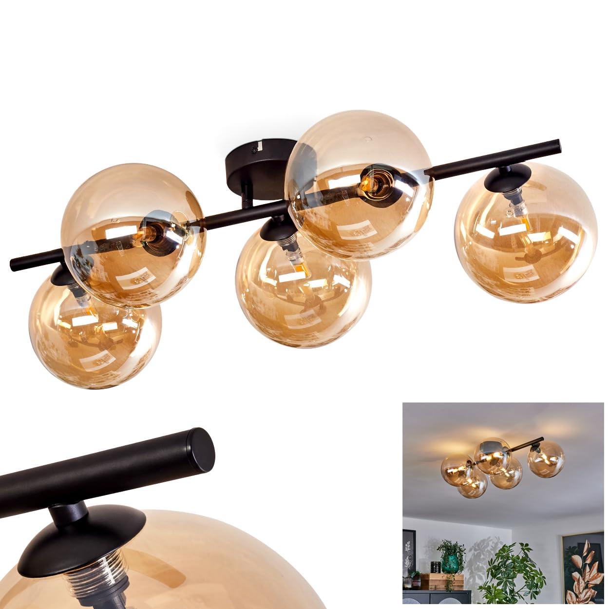 HOFSTEIN Chehalis Ceiling Light, Ceiling lamp Made of Metal/Glass in Black/Amber Colour, Retro/Vintage Design luminaire with Glass Shades (Ø 15 cm), 5 x G9 LED, Without Bulbs