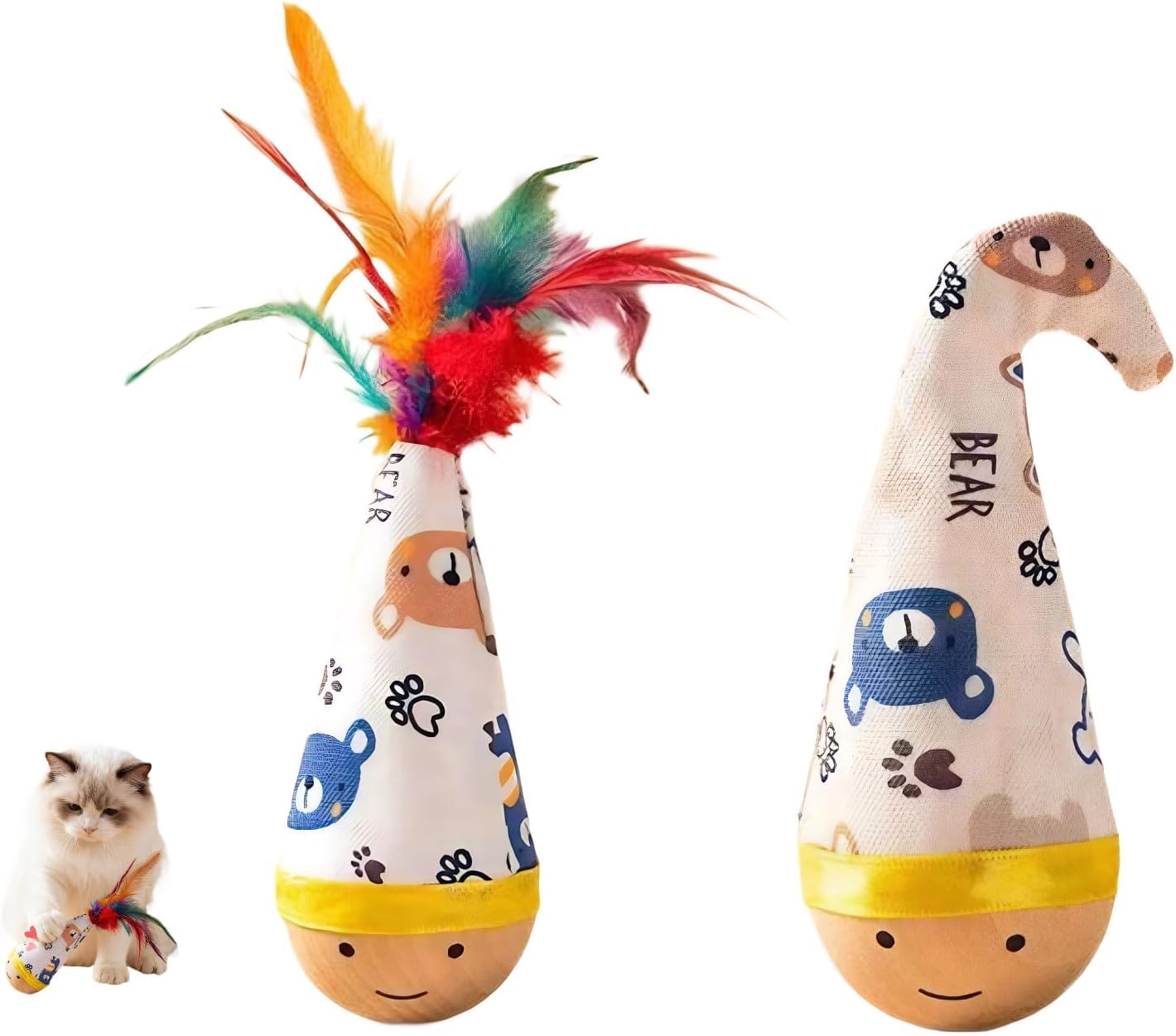 Natural Beechwood Cat Toy, 2-Pack Weeble Wobble Tumbler Toy for Indoor Cats & Small Dogs, Self-Righting Interactive Toy with Colorful Feathers