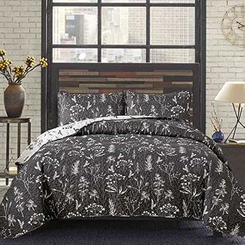 Dinjoy Floral Quilt Set King Size, Reversible Dark Grey White Flower Botanical Bedding Set Soft Lightweight Microfiber Bedspread Coverlet Bed Set 3 Pieces (1 Quilt + 2 Pillowcases) All Season Cover