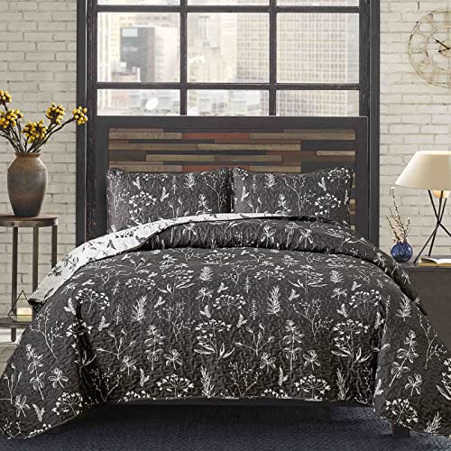 Dinjoy Floral Quilt Set King Size, Reversible Dark Grey White Flower Botanical Bedding Set Soft Lightweight Microfiber Bedspread Coverlet Bed Set 3 Pieces (1 Quilt + 2 Pillowcases) All Season #TOP7