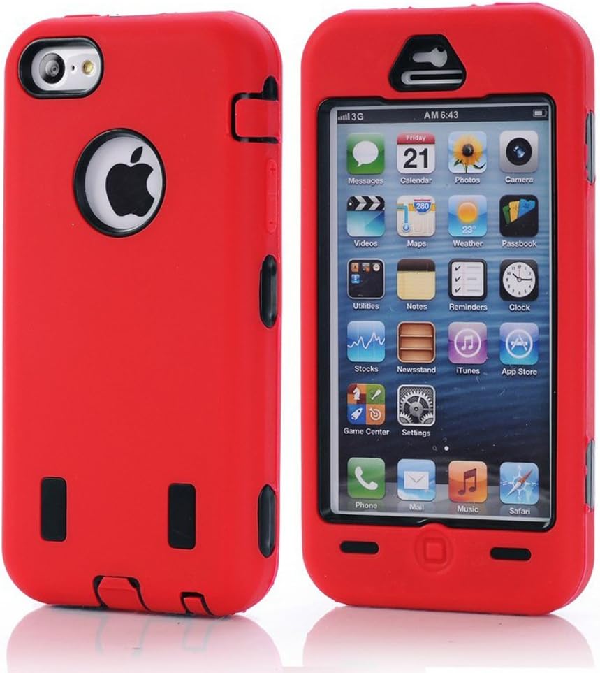 Uhope(TM) iphone 5c Case and Fashion heavy Duty Rugged Dual Layer Hybrid Armor Defender Case/Cover for Apple iPhone 5c, Super PC and Soft Silicon 3 in 1 Carrying Case for Apple iPhone 5c. Quakeproof and Drop Resistance Protective Case for Apple iPhone 5c-Red