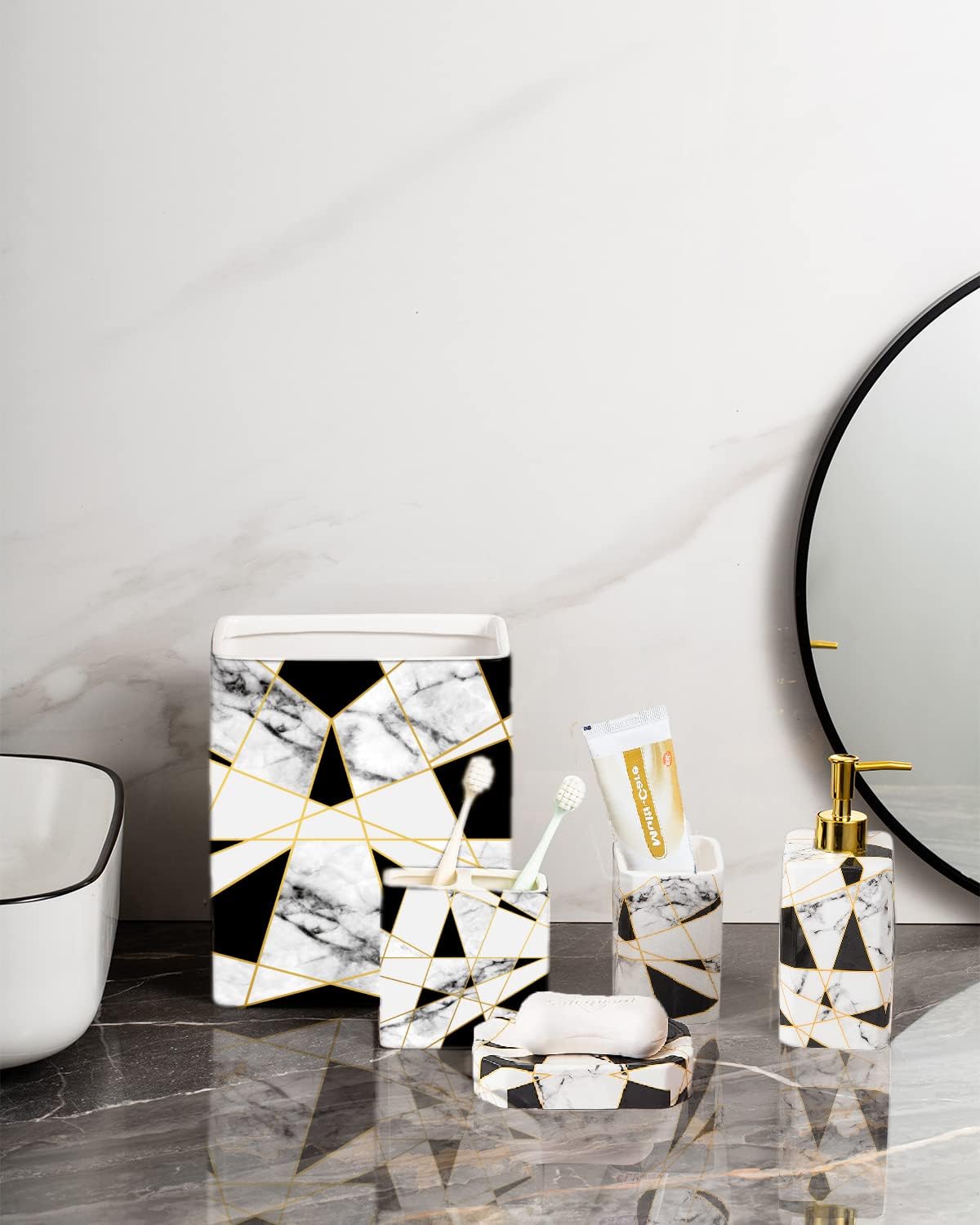 Cork & Mill Marble Bathroom Accessories Set, Complete 3 Piece Set With Soap Dispenser, Toothbrush Holder & Canister With Lid For Qtips, White Marble Bath Countertop Vanity Decor Organizer Retails For $47.99