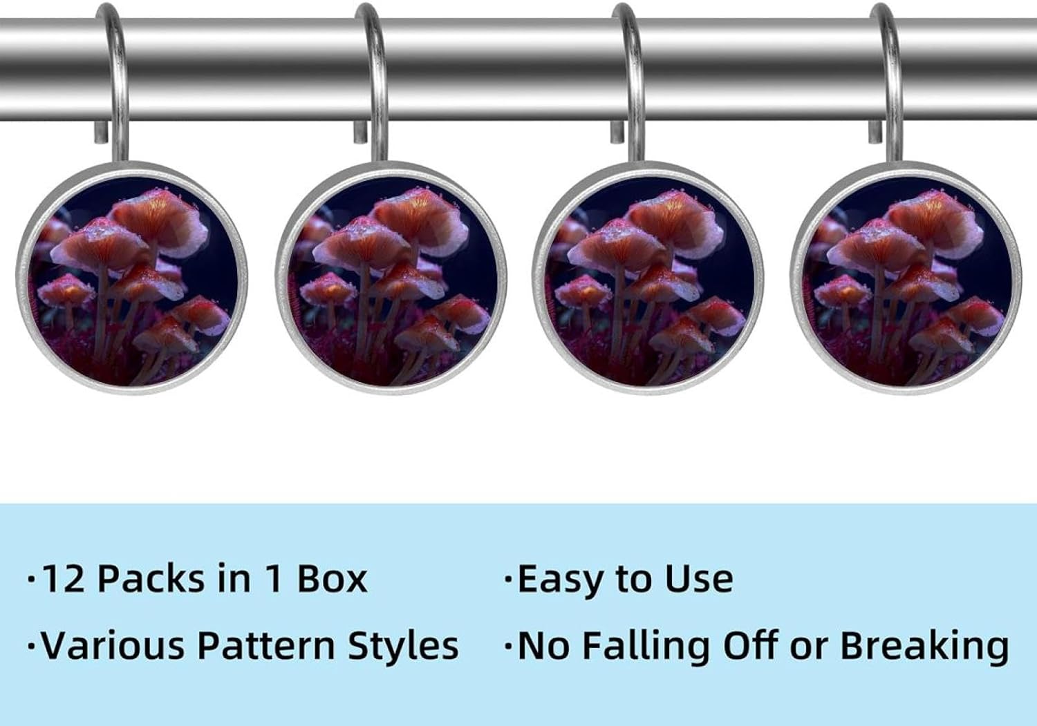 12PCS Mushroom Shower Curtain Hooks Rings for Bathroom, Decorative Shower Curtain Hooks Rods Curtains and Liner