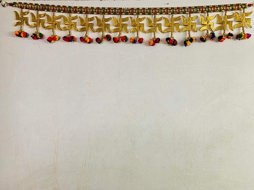 Anjali Enterprises Swastik Door toran for Main Door with Colourful Pom Pom Traditional Hanging Multicolor (3 Ft, 36" Inch.) Diwali Bandanwal for Home Door Hangings Decoration (Swastik)