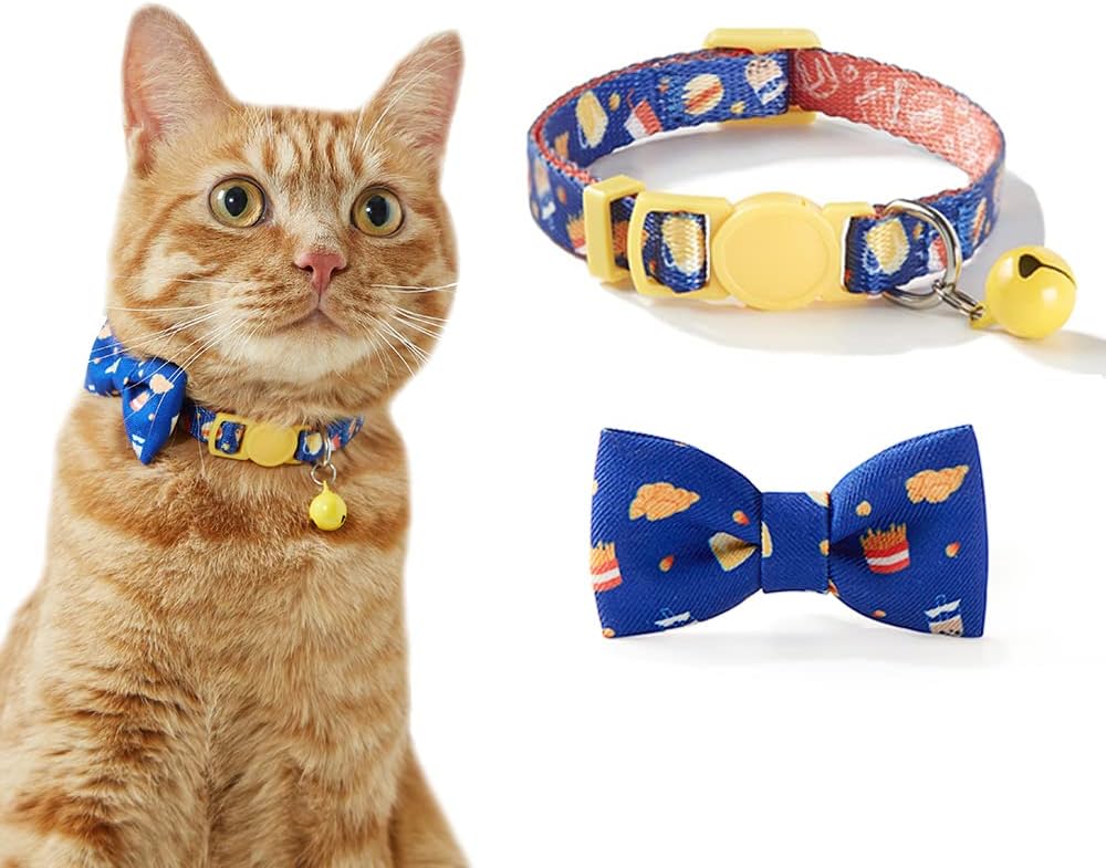 UFBemo Cat Collar with Bow Tie & Bell - Breakaway, Adjustable, Cute Foodie Patterns - Safety Collars for Kittens, Boy & Girl Cats (Blue)