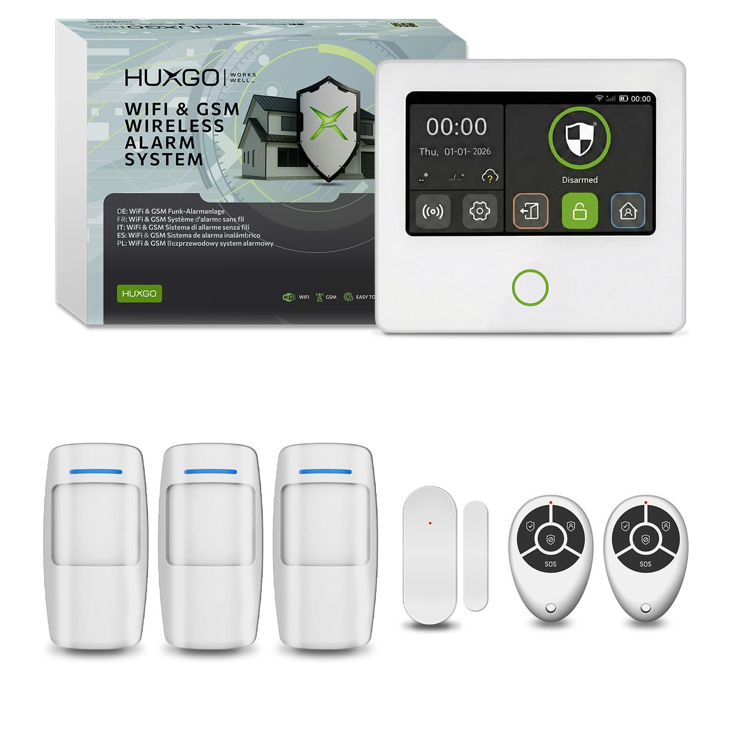 HXA502 Funk Alarmanlage Set für Haus mit lauter Alarmsirene integrierter GSM 4G + WiFi | drahtloses Alarmsystem mit 3X Bewegungsmelder, 1x Tür- Fenstersensor | SMS-Benachrichtigungen