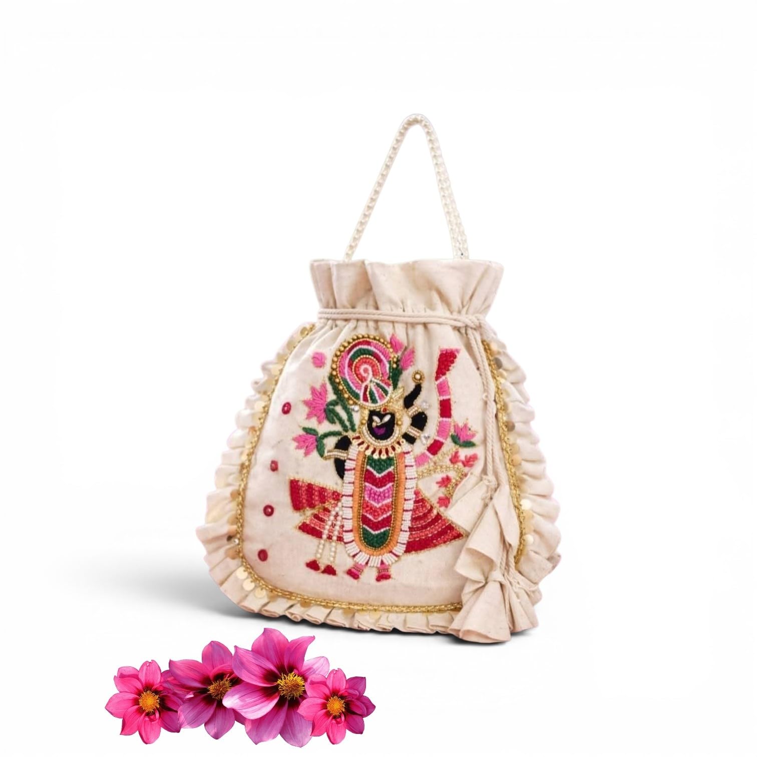 Embroidered Potli Bag for Women | Shrinathji Design Drawstring Potli Purse with Ruffle Border | Traditional Ethnic Handbag for Wedding, Festive, Puja, Return Gifts & Party-image-12