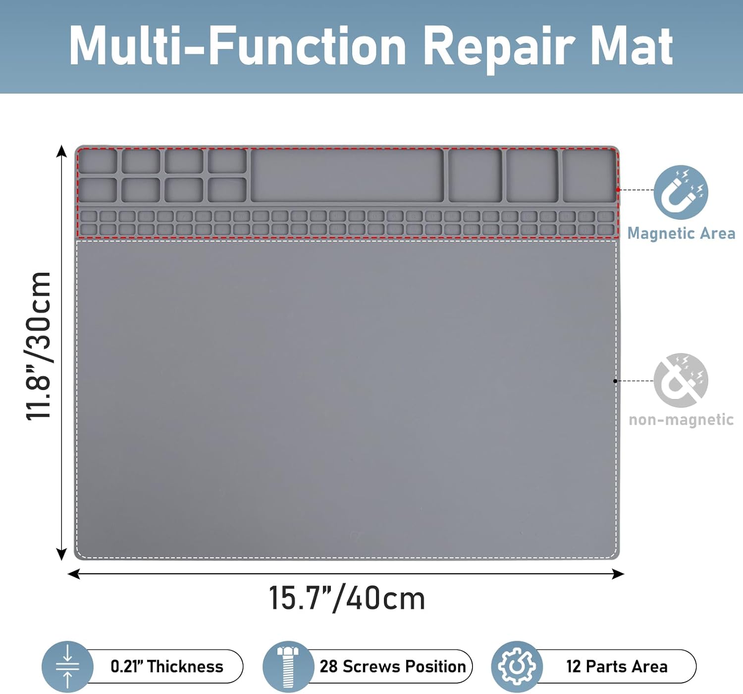 Heat Insulation Soldering Mat - Magnetic Silicone Work Mat, Silicone Soldering Mat for Soldering, Computer, Cell Phone, Watch Repair, BGA Soldering Gun Iron Workbench Protection (15.9''×11.9'') - Gray