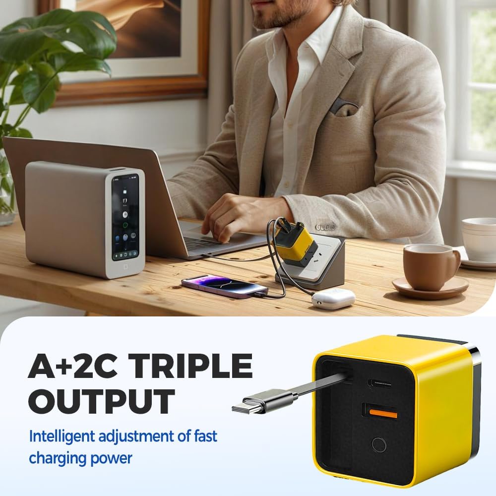 3 in 1 GaN Charger, 2026 Scalable 80w Max Module with Type-C Cable and 2 USB Ports, Retractable Fast Charging Cable for Phone and Earphone, Home Travel Essential (Yellow+Green+White)