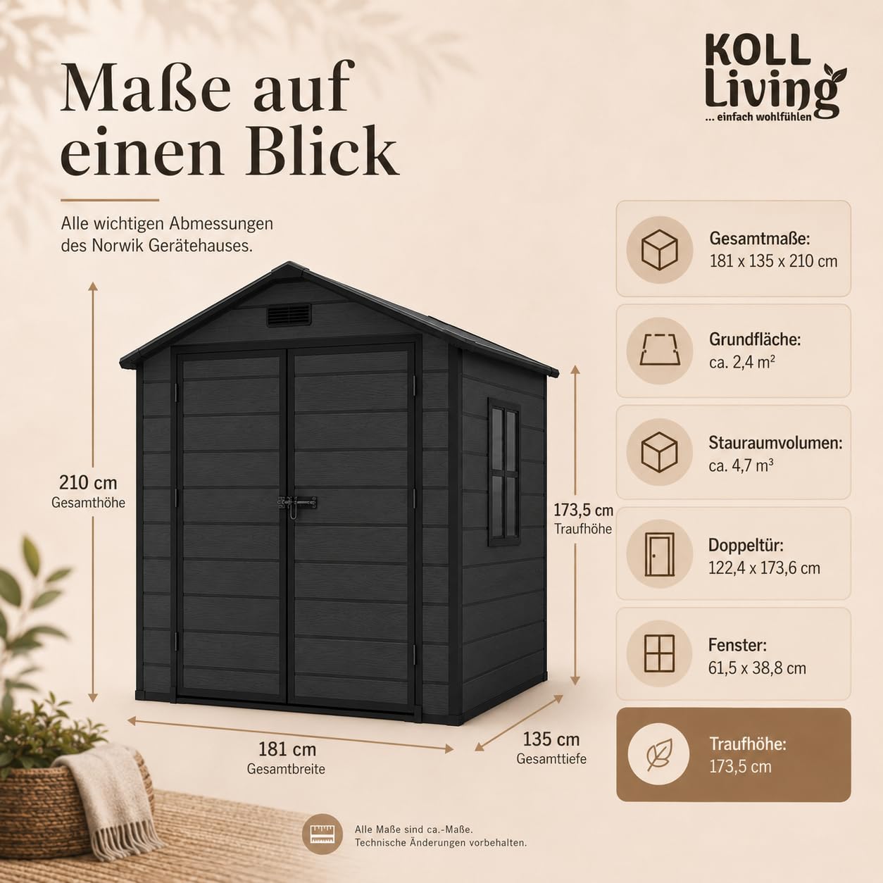 Koll Living Gartenhaus Norvik | 181 x 135 x 210 cm, 2 m² Grundfläche | Schwarz | mit Doppeltür, Fenster und Belüftungsystem | abschließbar | UV- & witterungesbeständig