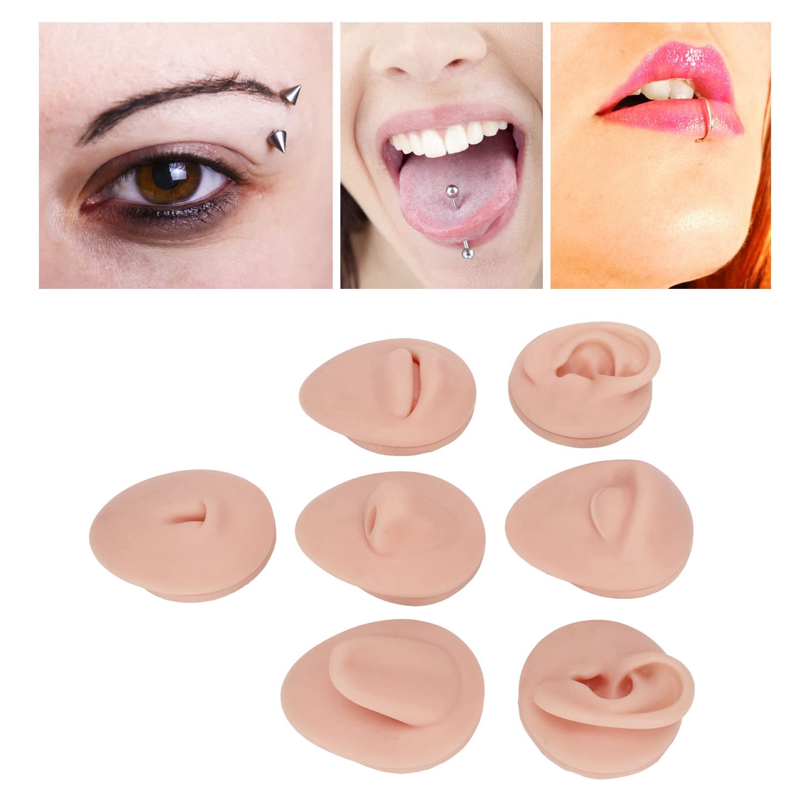 Silicone Piercing Body Model, Simulation 3d Silicone Eyes Ears Nose Mouth Tongue Navel Model 2 Sets of Display Stand Set, Body Piercing Practice Model(Medium Skin Color)