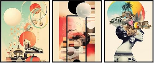 Posterizer 3 piezas de collage surrealista vintage con paisajes, arte abstracto y moderno, arte retro, regalo para hombres, mujeres, empresarios,