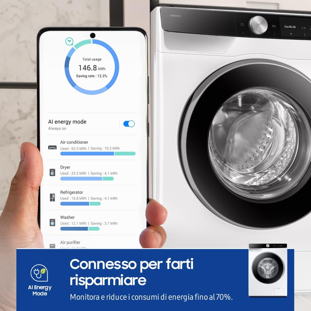 Samsung Lavatrice Slim AI Control WW90DG6G94LK/U3 Libera installazione, 9 Kg, Wifi, Ecodosatore, AI Energy Mode, Carica Frontale, Corpo: Bianco, Oblò e Pannello: Nero, 59,5l x 85h x 46,5p cm