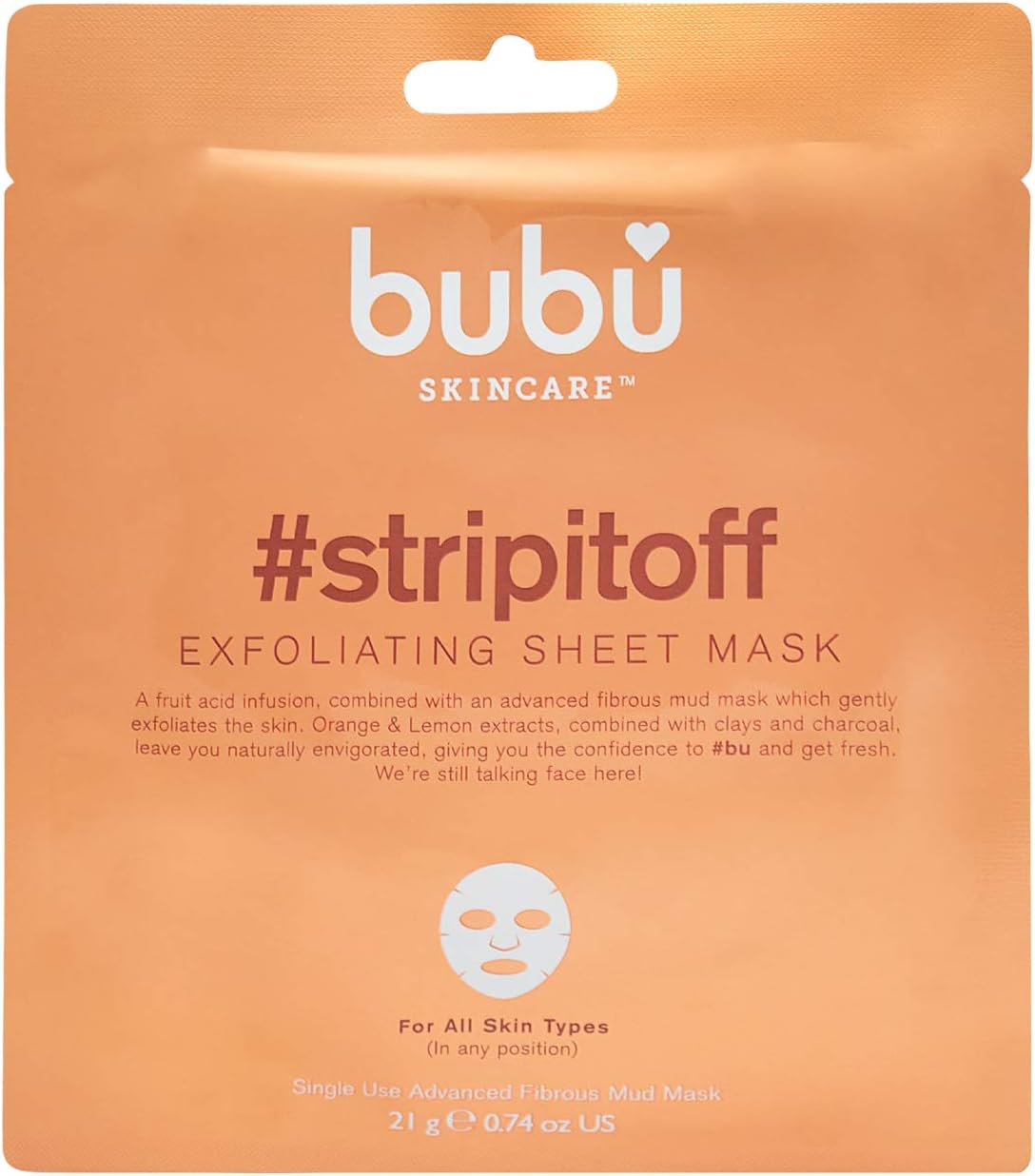 Bubu Exfoliating Sheet Mask - #STRIPITOFF Face Mask Fights Dead Skin Cells, Pore Refining & Face Brightening - Advanced Clay, Charcoal & Fruit Acid Combination, Vegetarian (Single Pack)