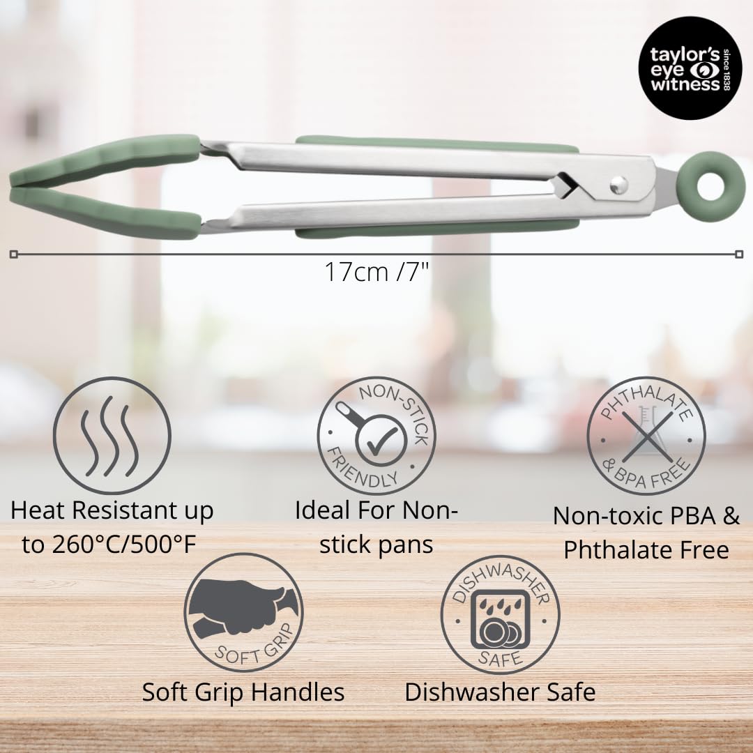 Taylors Eye Witness Small Steel Sage Silicone Tongs, Dishwasher Safe. Sturdy Build - Image 3