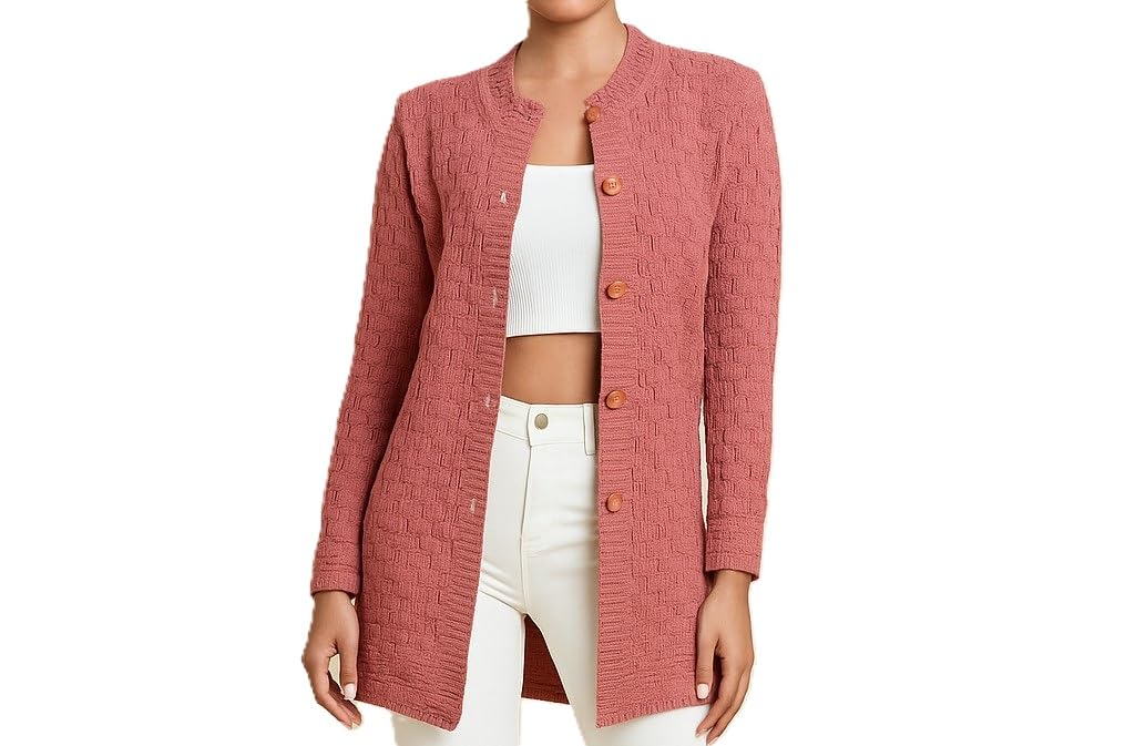 Women Woolen Round Neck Long Sweater || Long Cardigan || Self Design Wollen Front Button Sweater || Warm Cardigan-image-32