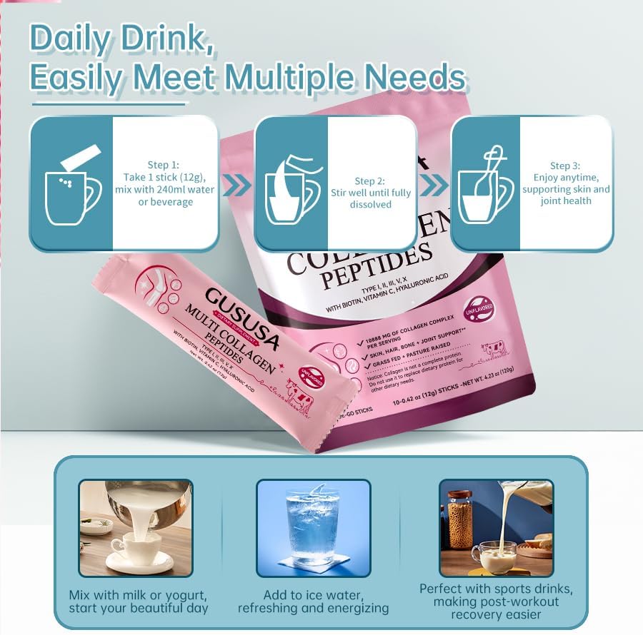 Miniatura 7 de NXQ Polvo de péptidos de colágeno múltiple, vitamina C y ácido hialurónico, apoya la salud del cabello, la piel y las articulaciones, sin sabor