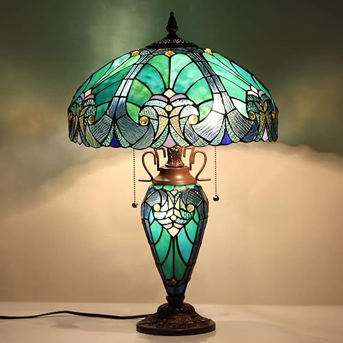 COTOSS Tiffany - Lámpara de mesa con luz nocturna de 16 pulgadas, grande, de vitral, estilo victoriano, verde mar, antiguo, 3 luces, lámpara de