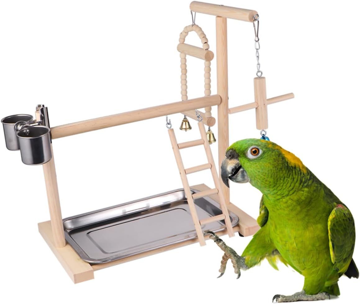 GANAZONO Wooden Parrot Stand with Hanging Bird Perch and Activity Gym Natural Solid Wood Bird Stand for Parrots Suitable for Cage Or Outdoor Use Random Color