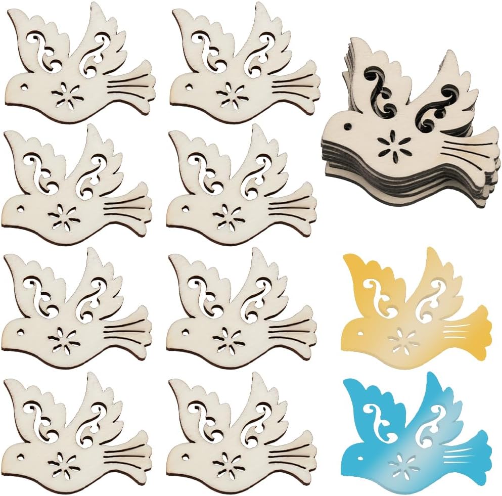 GORGECRAFT 50Pcs Unfinished Wood Bird Pieces Wooden Christmas Tree Decorations Bisque Hollow Out Blank Cutout Wooden Dove Ornaments Pendants for Wedding Birthday Party Hanging Gift Decor