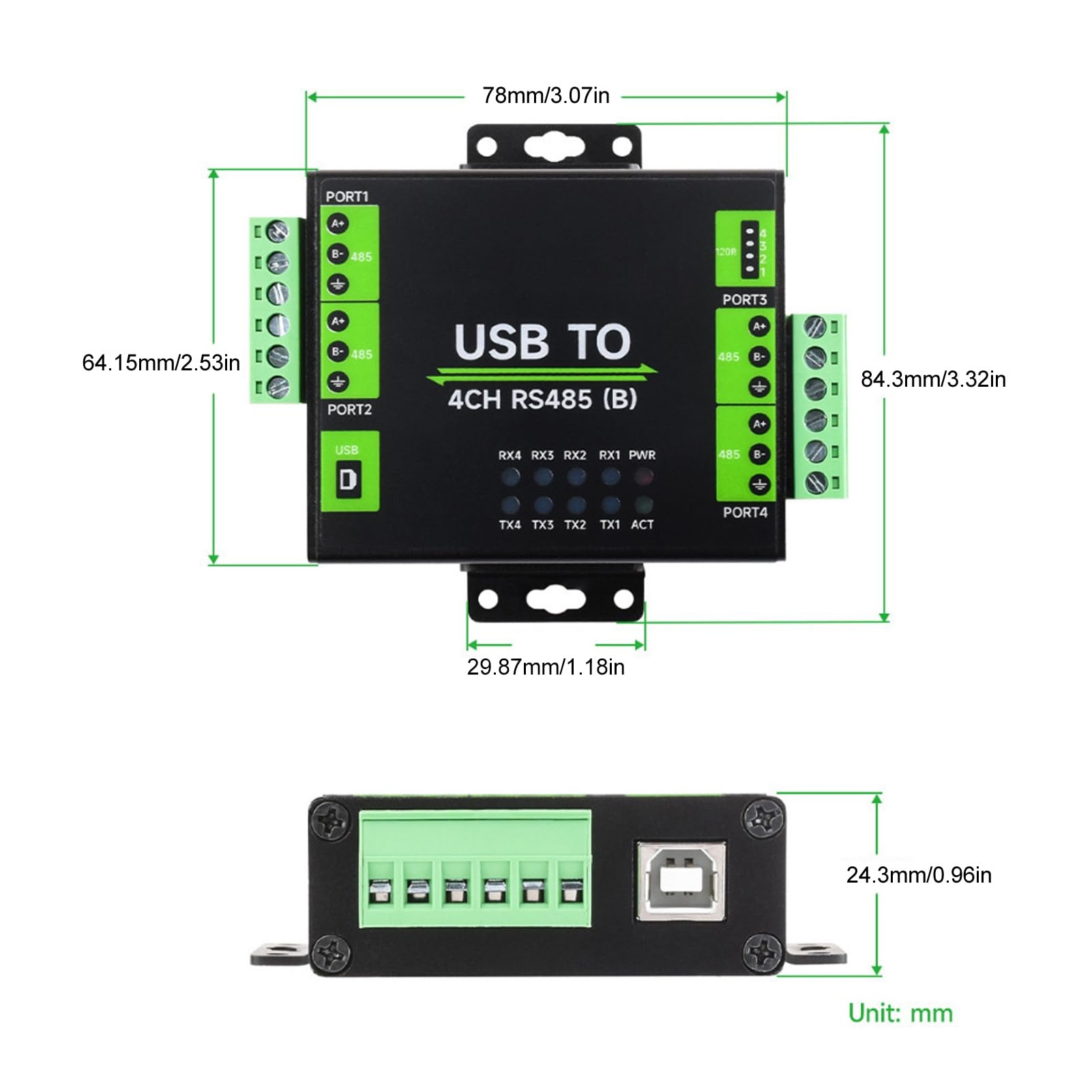 Bewinner Convertidor USB a RS485, Adaptador Aislado de Grado Industrial de 4 Canales para OS X, 11 10 8.1 8 7