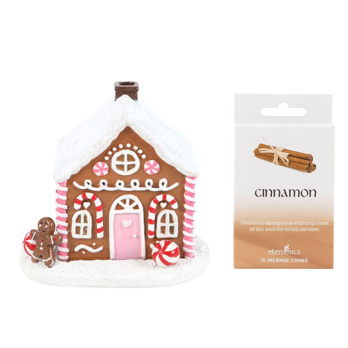 Pink Gingerbread House Incense Burner with 15 Cinnamon Cones | Ceramic Christmas Ornament & Festive Home Fragrance