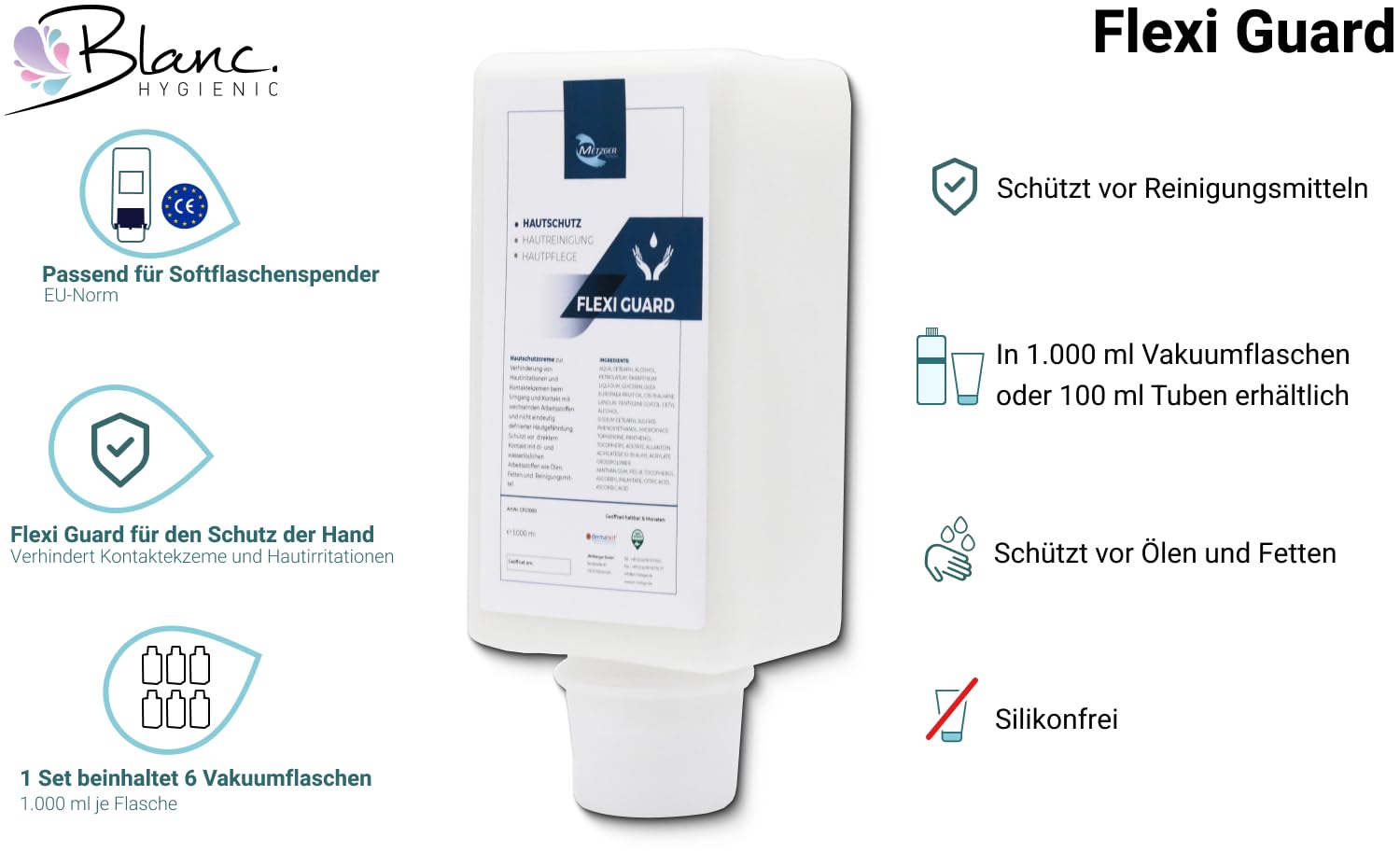Flexi Guard Hautschutzcreme 6x1 L Softflaschen | Silikonfrei, dermatologisch getestet, 6x1 L Softflaschen & Hautschutzcreme