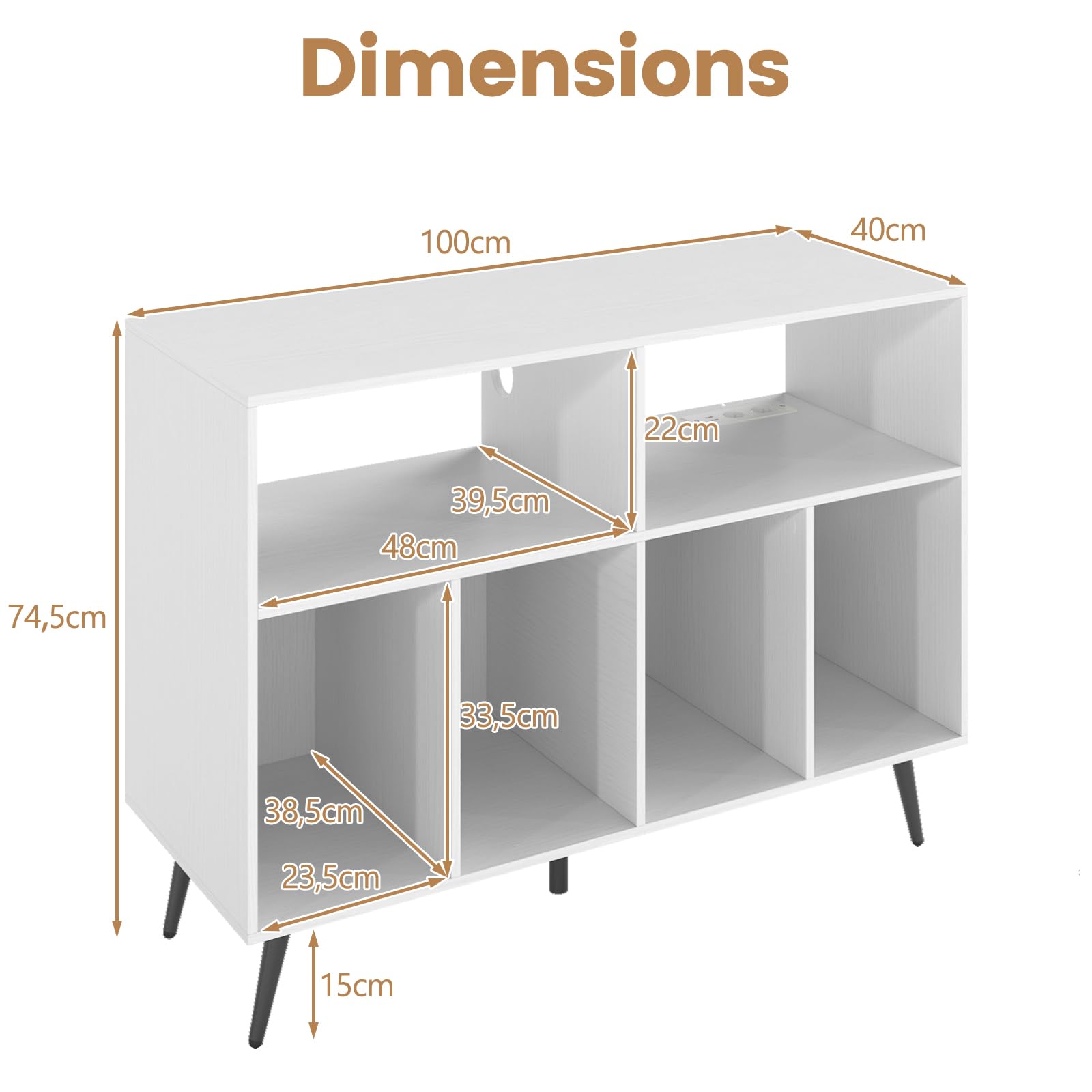 KOMFOTTEU Mueble para Tocadiscos de 3 Niveles, Soporte de Discos de Vinilo con 4 Compartimentos y 2 Estantes Abiertos, Mesa para Tocadiscos con 5 Patas de Metal (Blanco, con Estación de Carga)