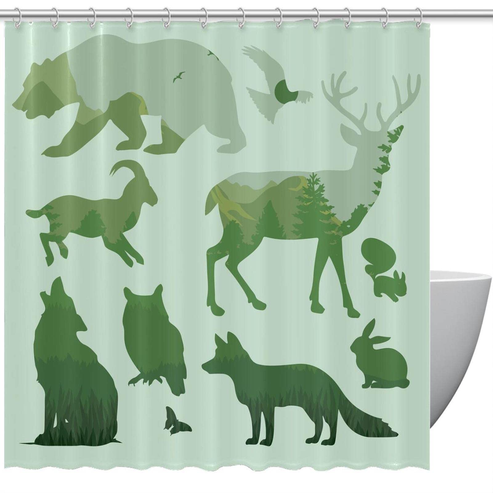 Rideau de douche imperméable avec 12 crochets et motif animaux silhouettes 168x183 cm
