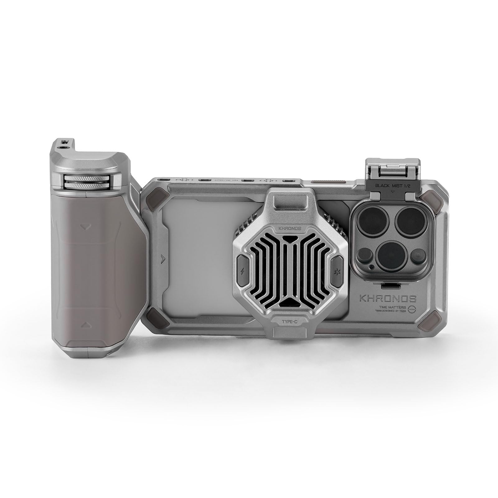 TILTA Khronos Handykäfig für iPhone 15 Pro mit Kühlsystem, Focus PD Griff, Schnellverschluss-Filterschale und magnetischem FSND 0.6/1.2 Filter, Smartphone Case Advanced Kit - Titanweiß TK-IP15-PC-TW