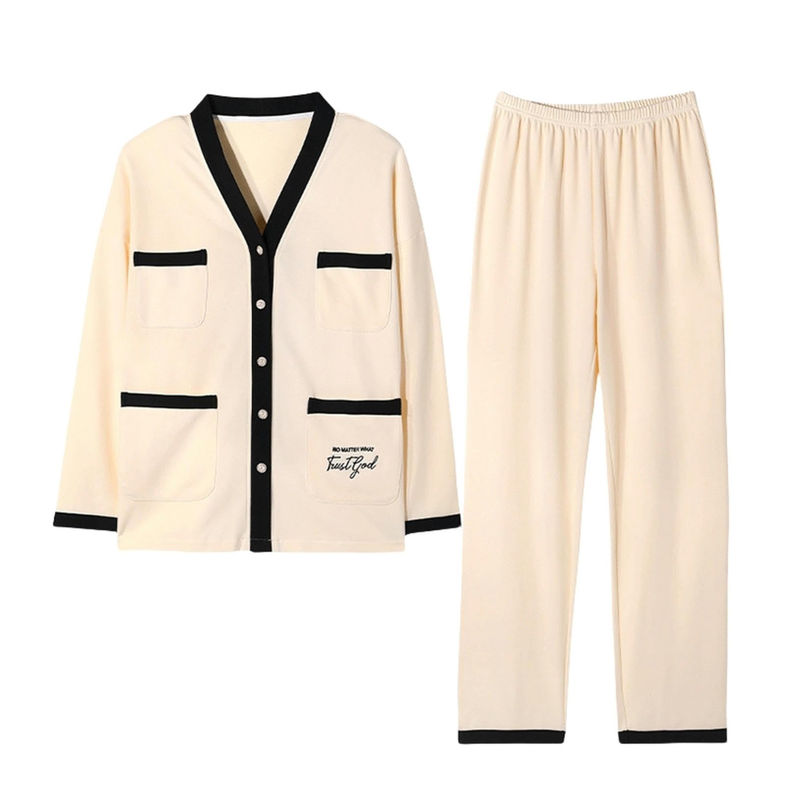 Pigiama Donna Cotone Pigiami Donne Primaverili E Autunno Cotone Maniche Lunghe Cardigan V al Collo Abiti da Casa Set con Bottoni-df9709-p I N K-l