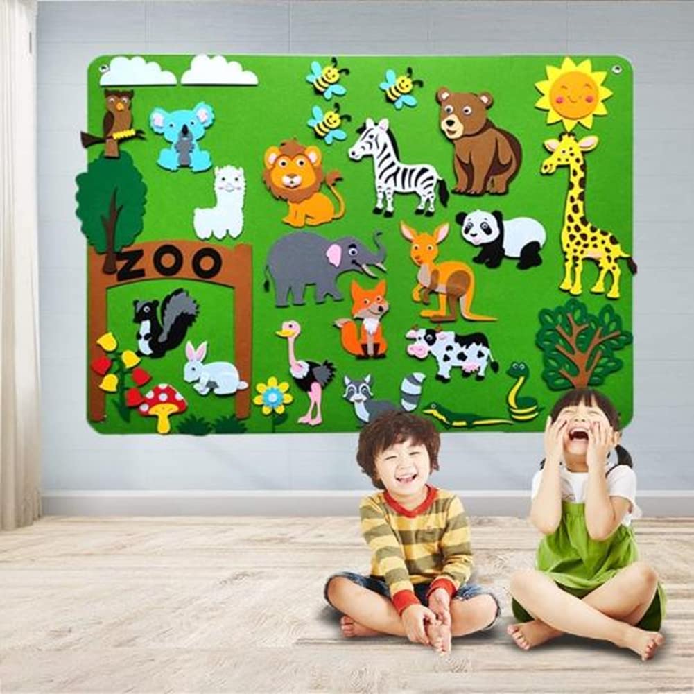Proumhang 32 piezas Juego de Tablero de Cuentos de Fieltro de Animales del Zoo,Cuentos Preescolares Temáticos del Zoo,Regalo para niños pequeños 103cm x 75cm