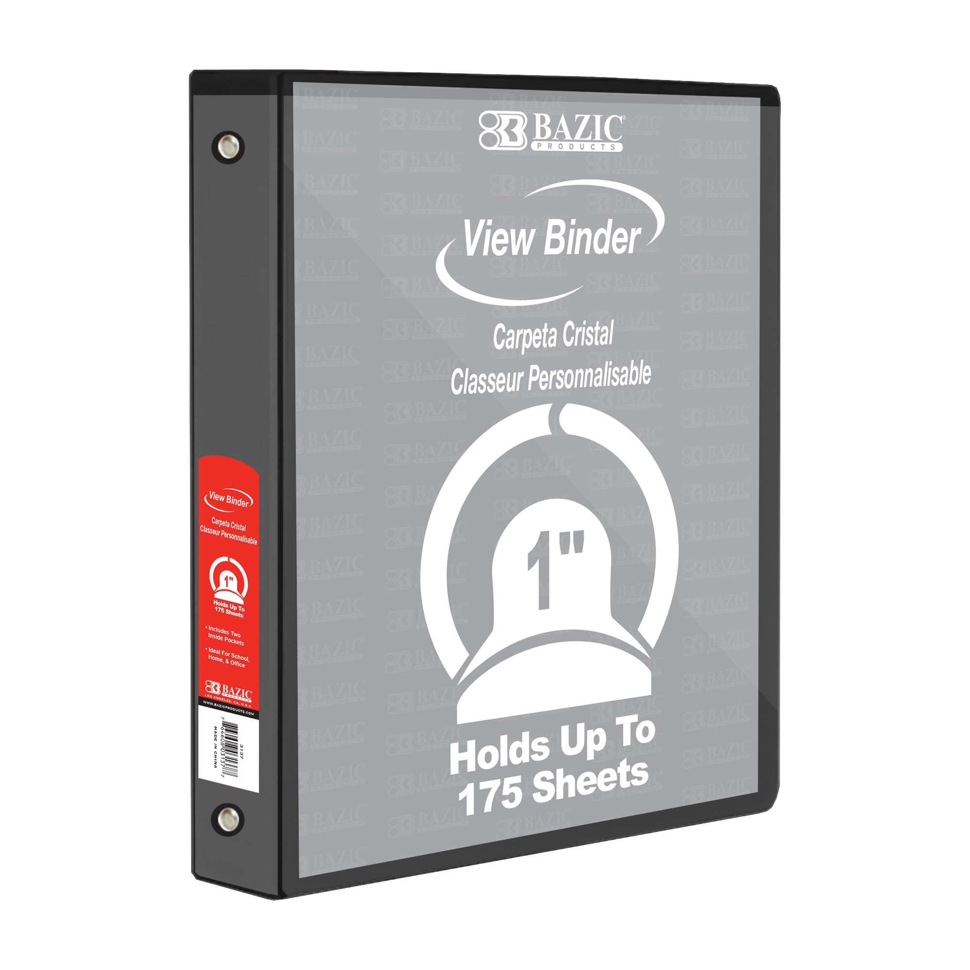 BAZIC Products 1" Black 3-Ring View Binder, Round Ring, 2 Pockets
