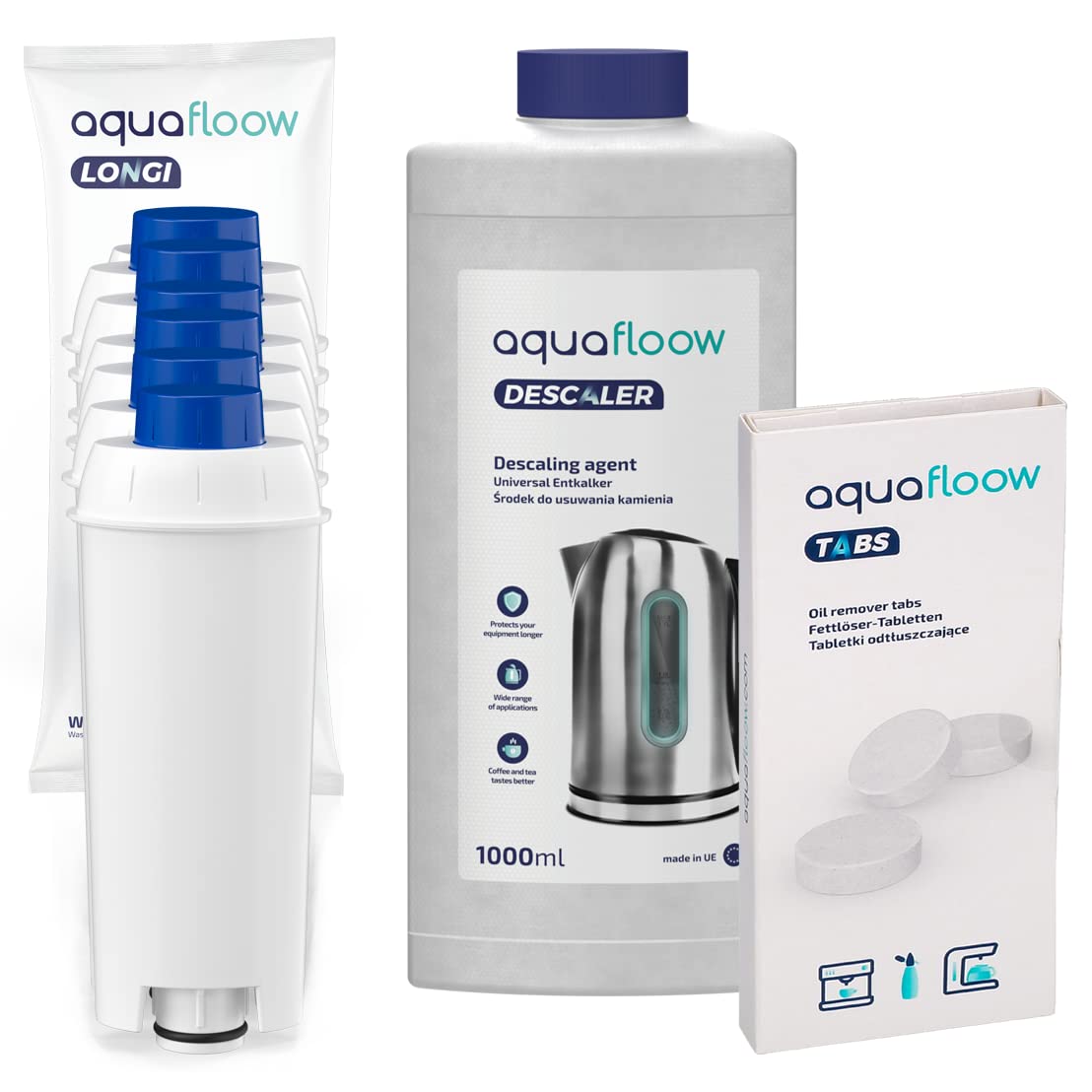 AquaFloow Juego de Mantenimiento para Máquinas de Café: 6 Filtros de Agua, Descalcificador de Líquidos, Tabletas de Limpieza Compatible con DeLonghi DLS C002, SER3017, 5513292811, 8004399327252