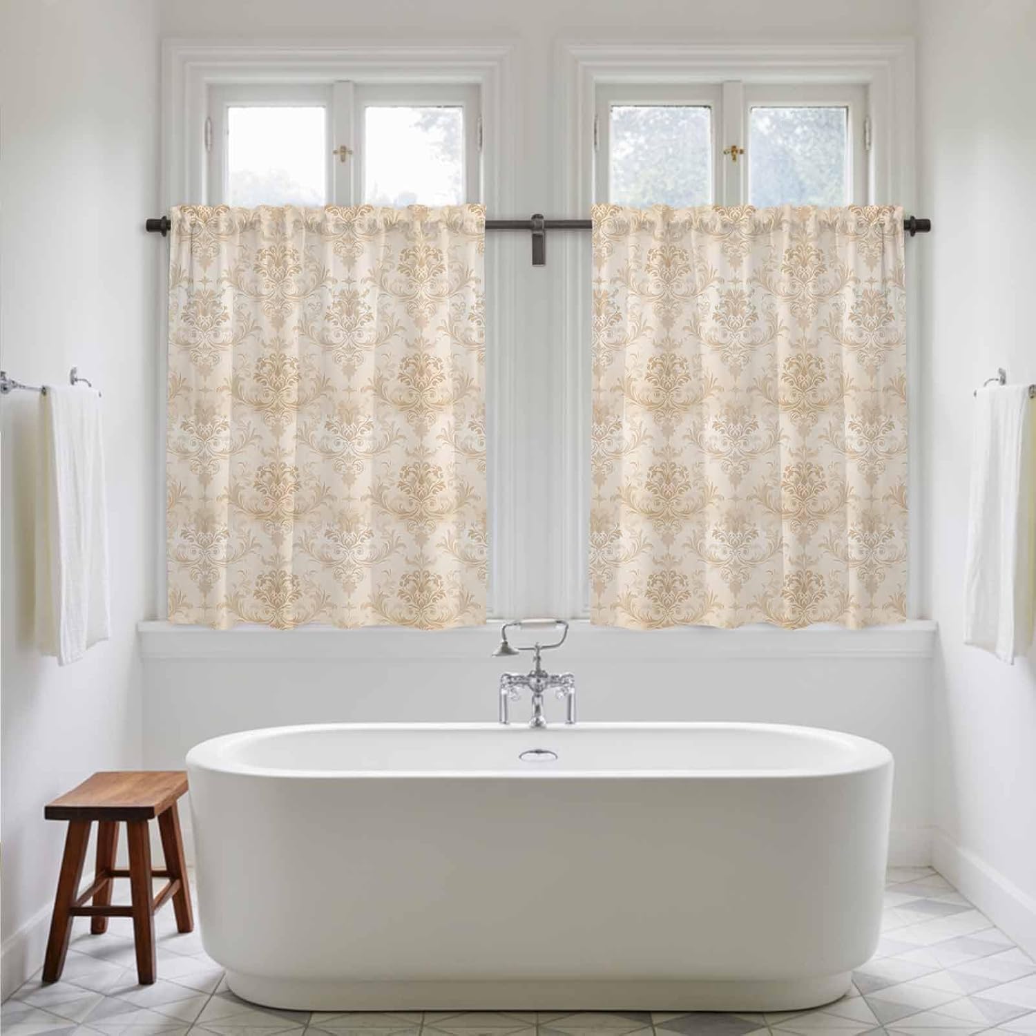 Beige Boho Floral Kitchen Curtains, Vintage Ethnic Tribe Abstract Art Light Filtering Window Curtain Panels, 2Pcs Rod Pocket Window Treatments Set for Study Room Bathroom Bedroom 52x54 Inches