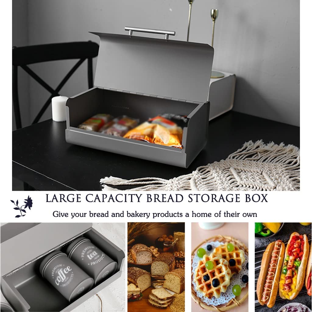 Portapane Moderno Lamiera Rettangolare di Ferro Zincato Ispessita Contenitore Pane, Desktop di Grande capacità Scatola di Snack, Copertura Superiore Ribaltabile + Fori di Ventilazione