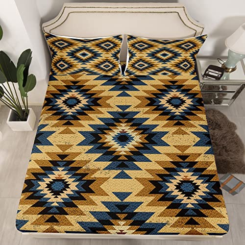Kids Southwest Native American Fitted Sheet Queen Size Khaki Beige Blue Geometric Bed Sheet Set for Boys Girls Teens Bedroom Decor Tribal Bedding Set Set Women Men Bed Cover with 2 Pillow Ca