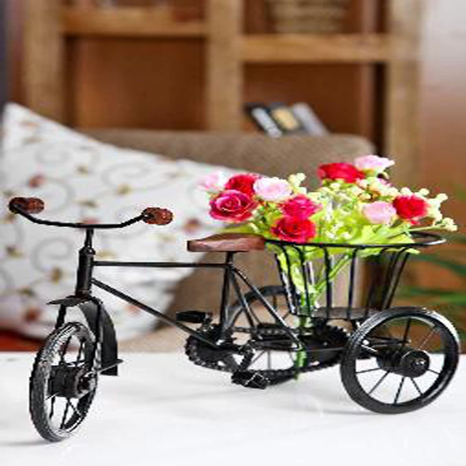 Wrought Iron Miniature Rickshaw Showpiece Antique Cycle with Flower Basket Vase for Decoration (10 X 7 inch, Black)-image-13