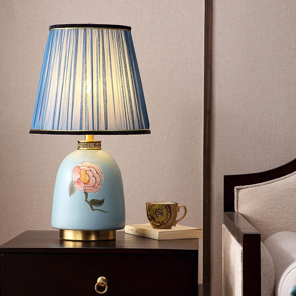 asdchZen 21.2 Inch Modern Ceramic Table Lamp, Blue/Pearl White Bedside Lamp Tall Nightstand Lamp Farmhouse End Table Lamps For Living Room Bedroom-A,A