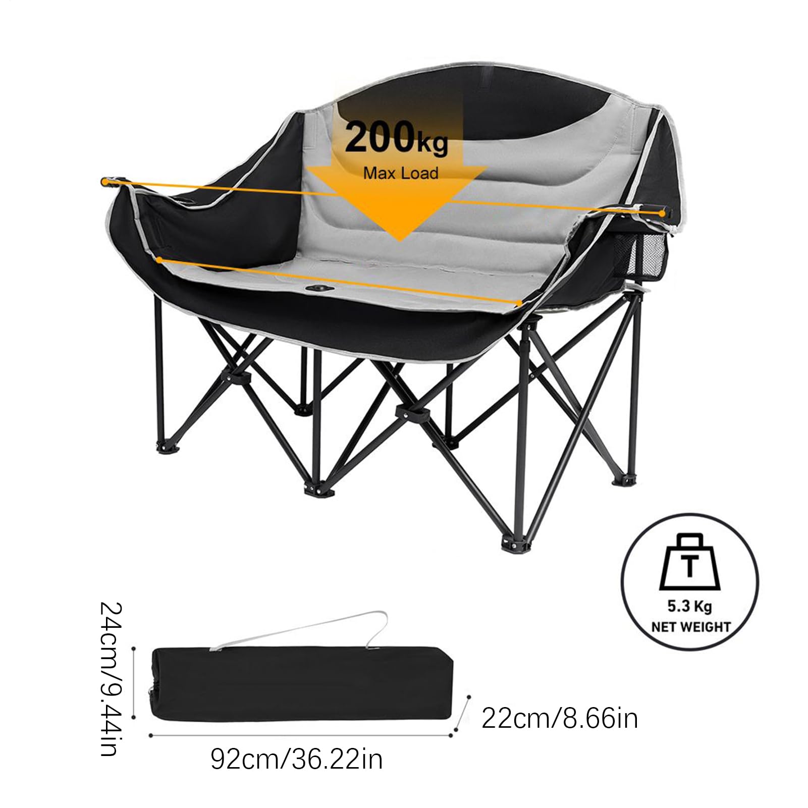 2 Osobowe Krzesło Do Campingu Przenośny Składany Wytrzymały Stołek | Krzesło Turystyczne Z Miękkim Siedzeniem Dla Rodziny, Imprez, BBQ, , Ognisk, Koncertów, Pikników, Stadionów, Widzów,