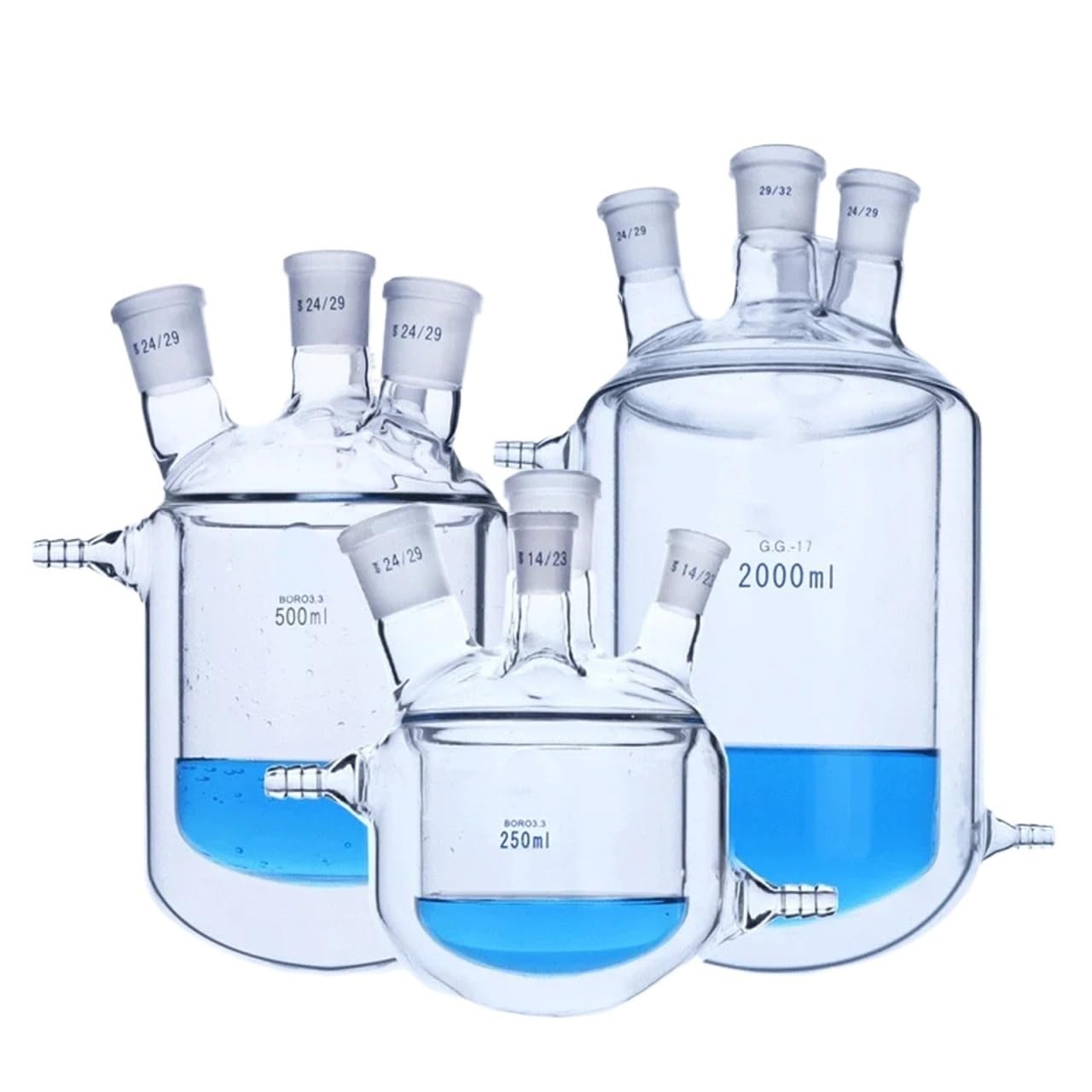 Frasco de vidrio para laboratorio, Matraz reactor con camisa de doble capa de 4 cuellos de 250, 500 y 1000 ml for laboratorio(250ml 24 19 19 19)