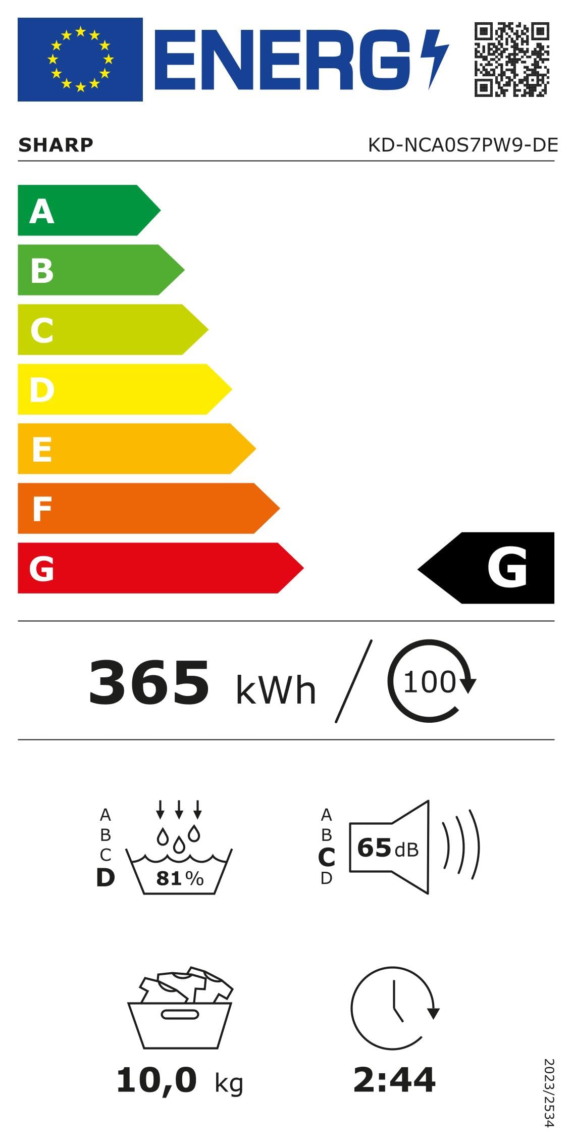 Sharp KD-NCA0S7PW9-DE Kondenstrockner Frontlader, 10 kg, 15 Programme, 29 Min. Kurzprogramm, Schontrommel, LED-Innenbeleuchtung, Kindersicherung, Weiß