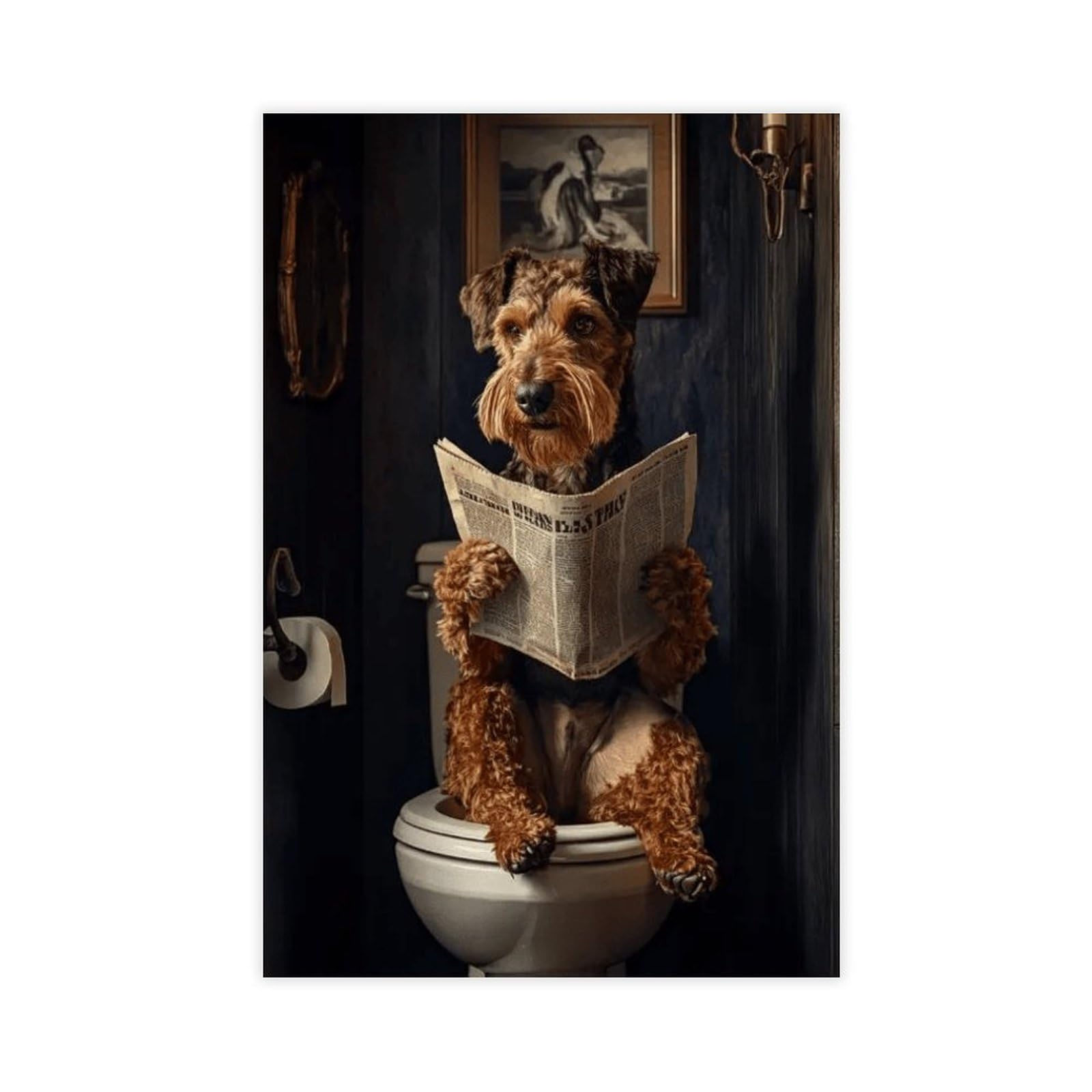 NFFBGFD Airedale Terrier On Toilet Canvas Poster Bedroom Decor Landscape Decor Gift 12x18inch(30x45cm)